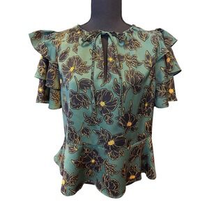 Who What Wear Green Floral Ruffle Sleeve Peplum Top Keyhole Boho No Size